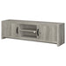 CoasterEssence Burke grey driftwood 2-door engineered wood TV stand, 71-inch furniture piece with modern design and storage compartments.