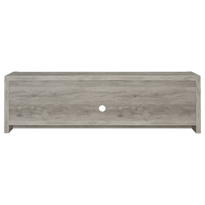 CoasterEssence Burke 2-door engineered wood TV stand in grey driftwood finish, 71 inches wide with sleek modern design.