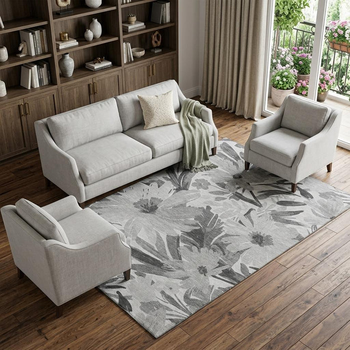 10' X 14' Floral Washable Area Rug With UV Protection (693960) - Gray / Silver / Charcoal