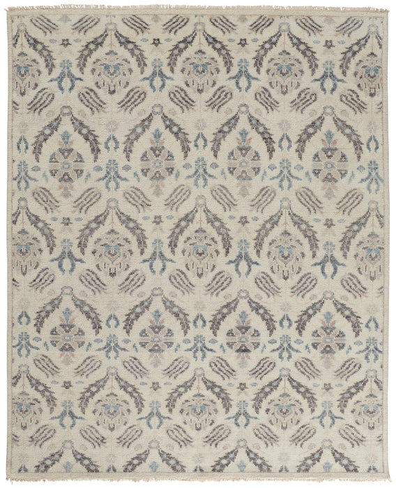 5' x 8' Wool Floral Hand Knotted Stain Resistant Area Rug - Ivory Gray And Blue