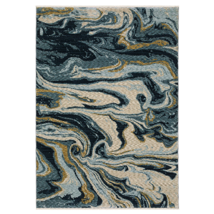 8' X 11' Abstract Area Rug With Fringe - Navy Blue And Teal