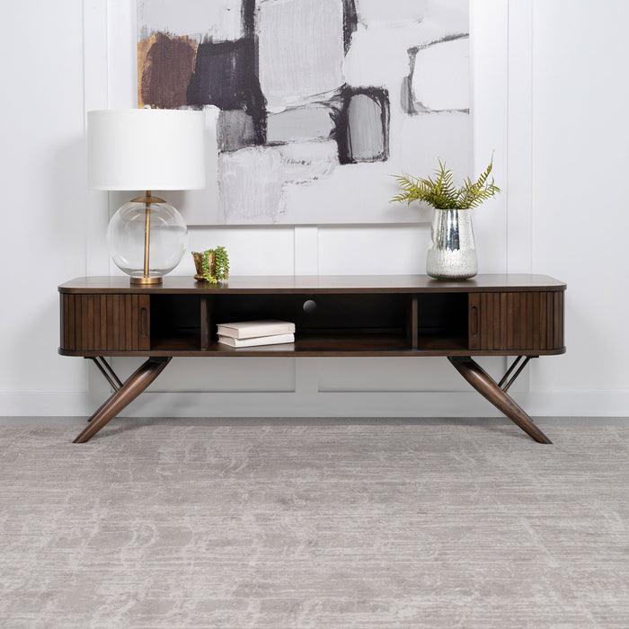 CoasterEveryday Valna Wood 71-inch TV stand in walnut with sliding doors