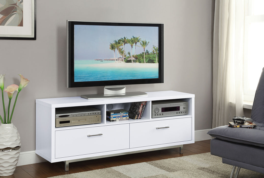 Casey 60-inch white TV stand by CoasterEssence with two drawers and engineered wood construction
