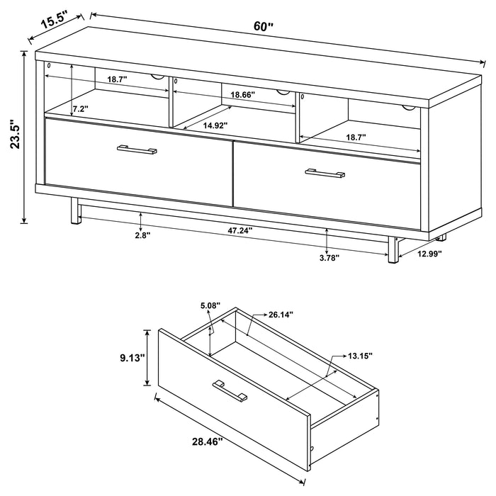 CoasterEssence Casey 60-inch white engineered wood TV stand with two drawers