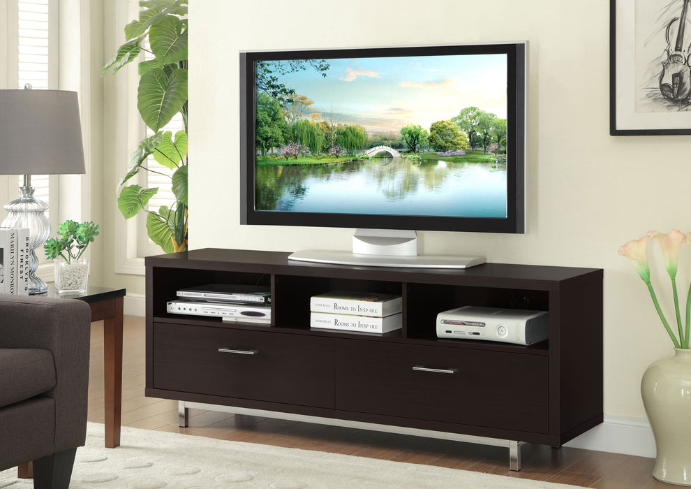 CoasterEssence Casey 60-inch cappuccino TV stand with two drawers and engineered wood construction