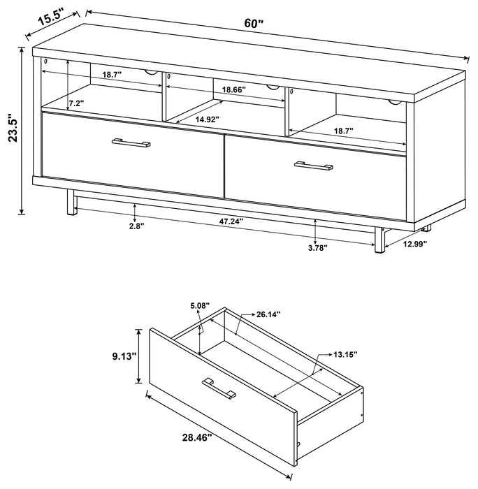 CoasterEssence Casey 60-inch cappuccino TV stand with two drawers and engineered wood construction