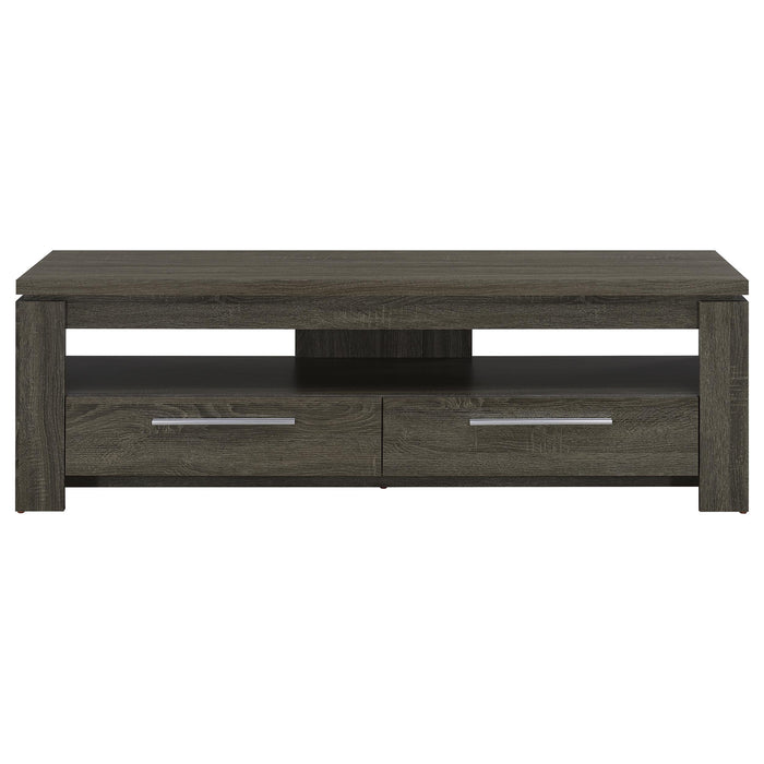 CoasterEssence Elkton 59-inch weathered grey engineered wood TV stand with two drawers