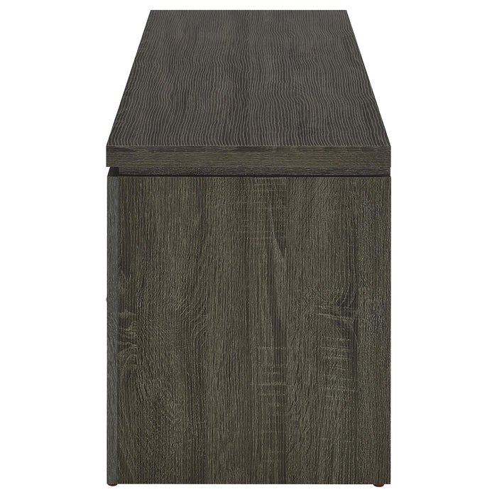 CoasterEssence Elkton 59-inch weathered grey TV stand with two drawers and engineered wood construction