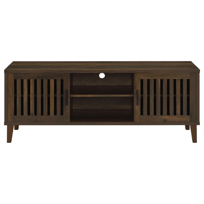 Dark pine Sedona 2-door engineered wood TV stand with storage compartments and sleek design, ideal for modern living rooms.