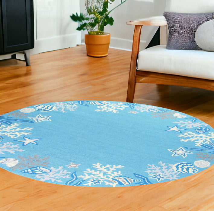 8' Hand Hooked Bordered Coral Reef Round Indoor Area Rug - Sea Blue