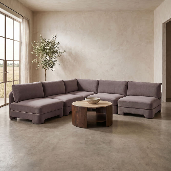 Velvet performance fabric upholstered 5-piece armless sectional sofa by Meridian Furniture, stylish stationary living room furniture.