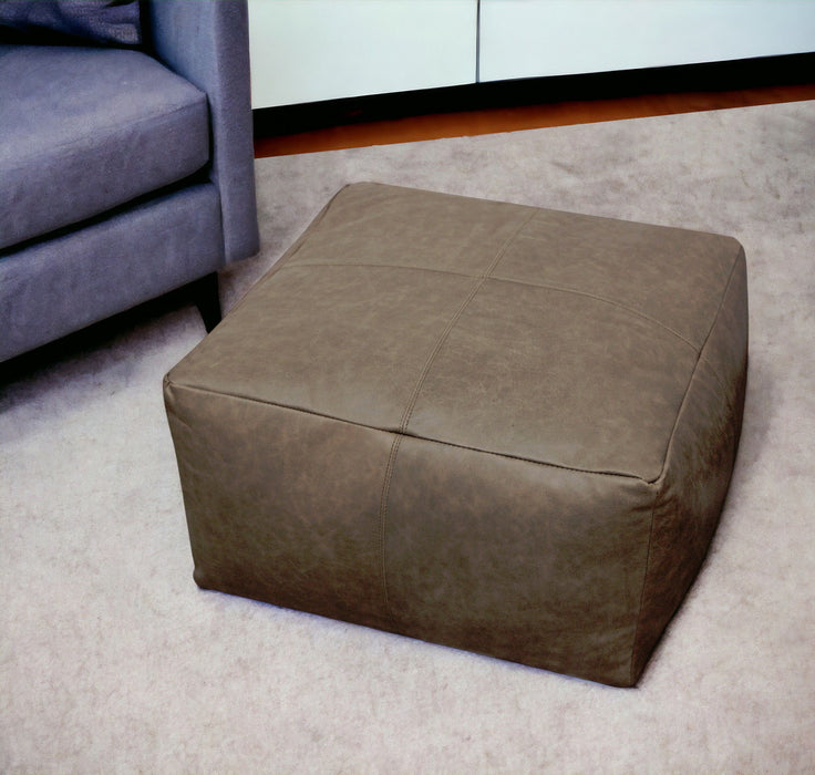 Brown Distressed Leather Pouf Ottoman - Gray