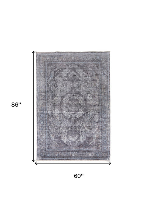 5' x 7' Oriental Power Loom Worn Faded Area Rug - Gray And Silver