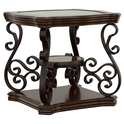 CoasterEssence Laney dark merlot square end table with one shelf and glass top