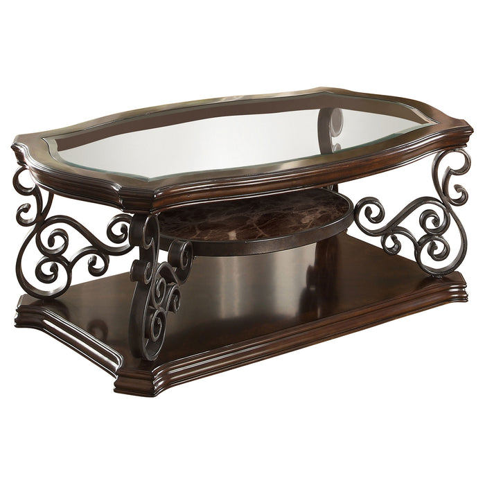CoasterEssence Laney dark merlot rectangular coffee table with glass top and lower shelf