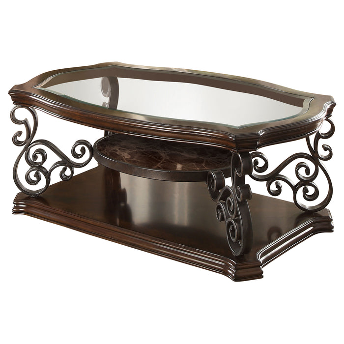 CoasterEssence Laney rectangular coffee table in dark merlot with glass top and one shelf