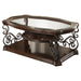 CoasterEssence Laney rectangular coffee table in dark merlot with glass top and one shelf