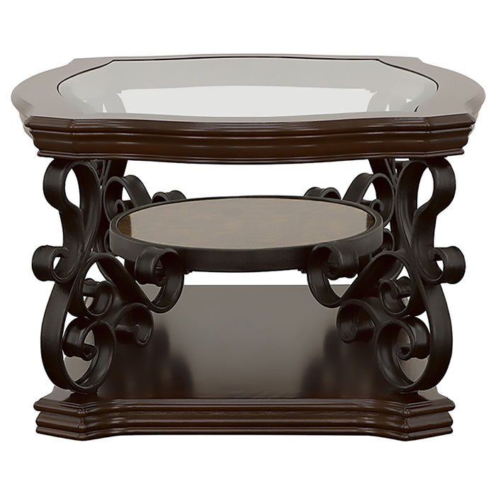CoasterEssence Laney rectangular coffee table with dark merlot finish, glass top, and one shelf