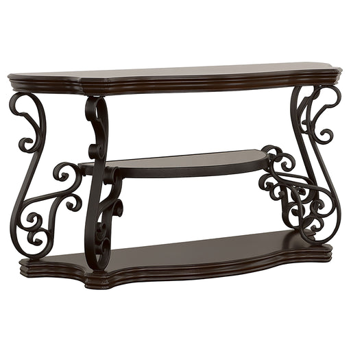 CoasterEssence Laney scrollwork entryway sofa console table in dark merlot finish