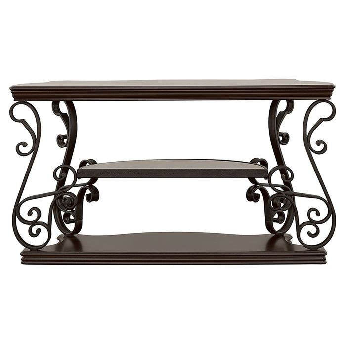 CoasterEssence Laney dark merlot scrollwork entryway sofa console table with decorative metal accents