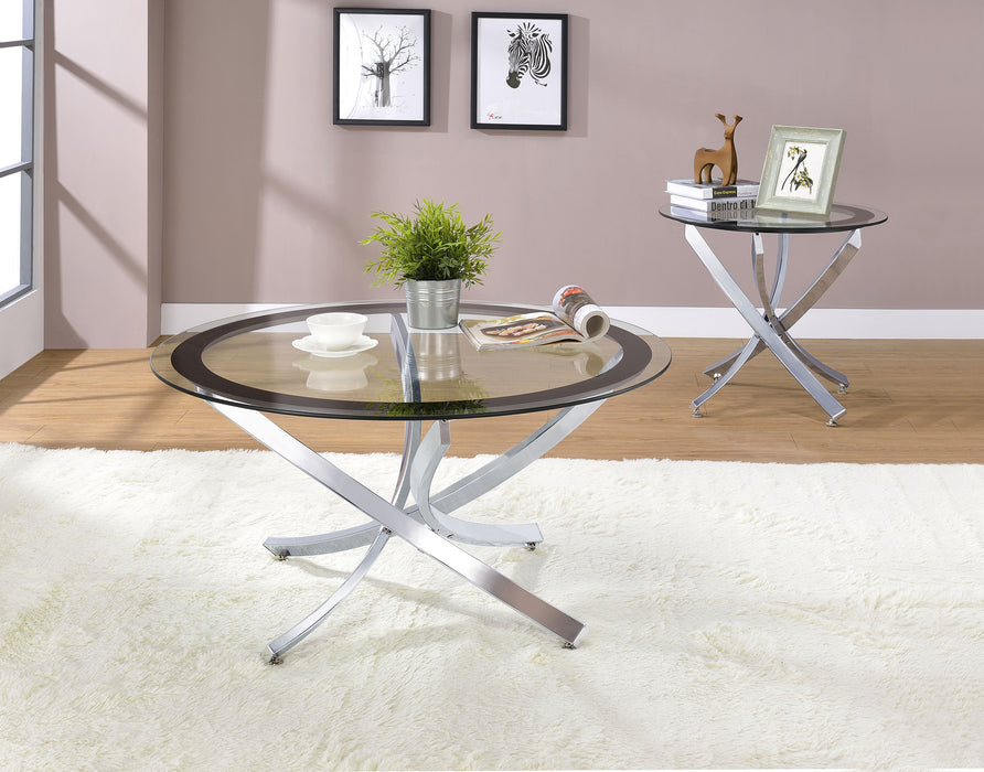 CoasterEssence Brooke round glass top side table with chrome metal base