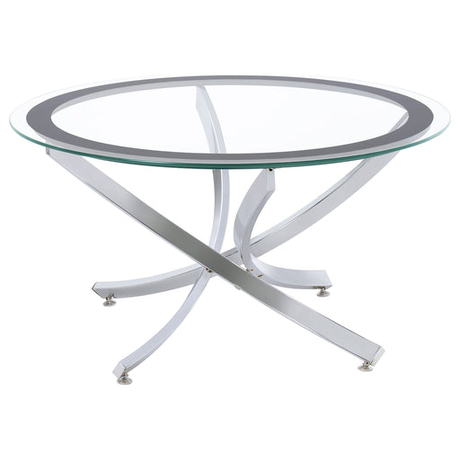 CoasterEssence Brooke round glass top coffee table with chrome metal base