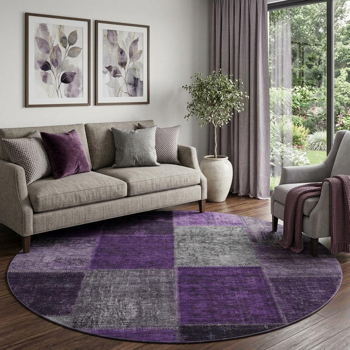 8' Patchwork Washable Round Rug With UV Protection (655165) - Eggplant / Gray / Purple
