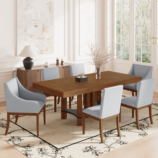 Giga Topmax 7-piece rustic extendable dining table set with removable leaf, 2 armchairs, and 4 armless chairs in a dining room setting.