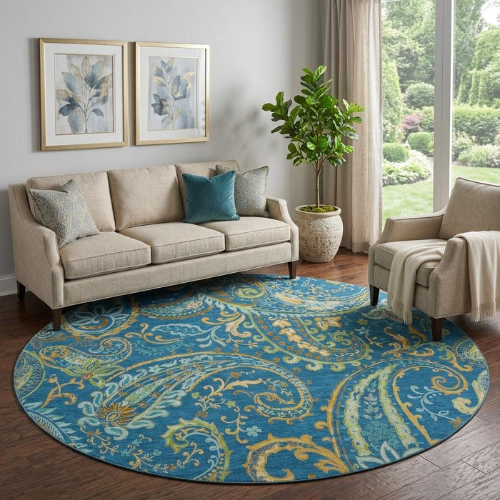8' Paisley Distressed Washable Round Rug With UV Protection (647983) - Navy Blue / Green / Gold