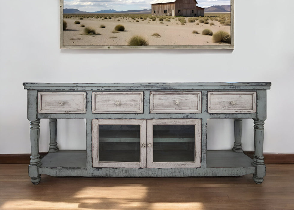 Solid Wood Open Shelving Distressed TV Stand - Blue / White