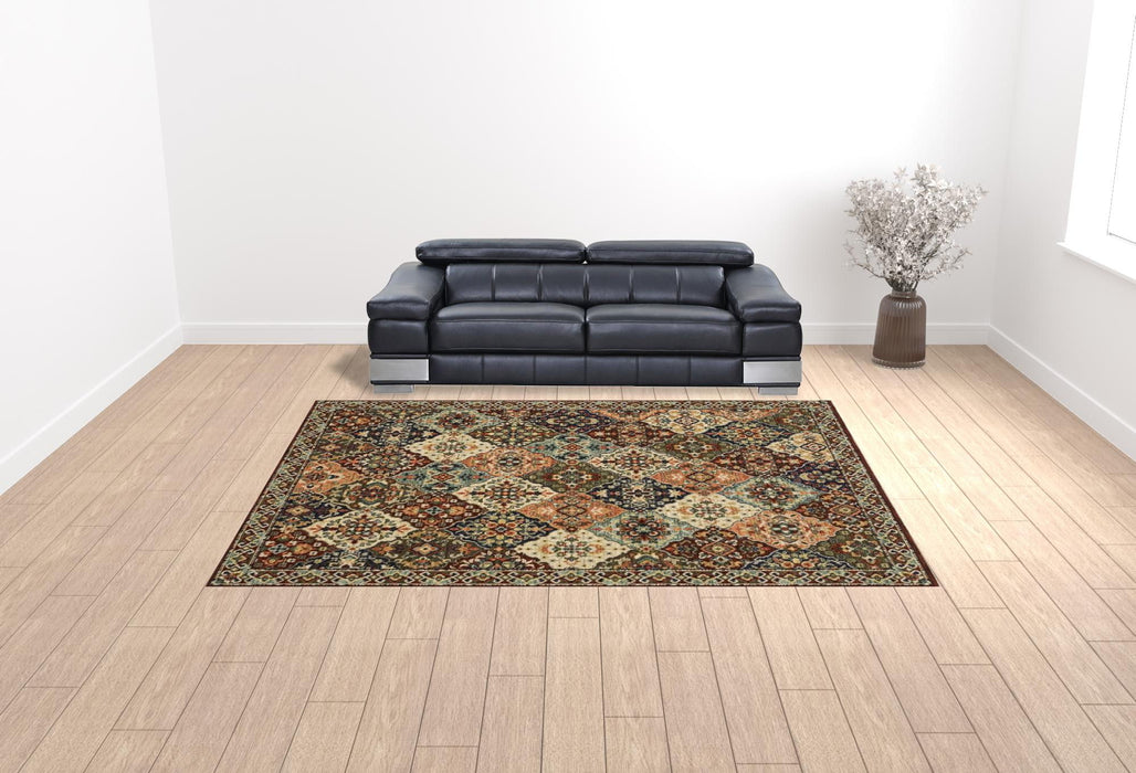 10' x 13' Oriental Power Loom Stain Resistant Area Rug With Fringe - Red Rust Navy Light Blue Brown Orange Ivory And Gold