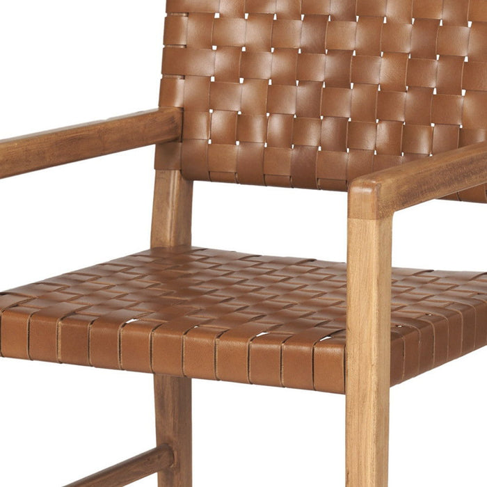 Woven Leather And Solid Wood Dining Arm Chair - Brown