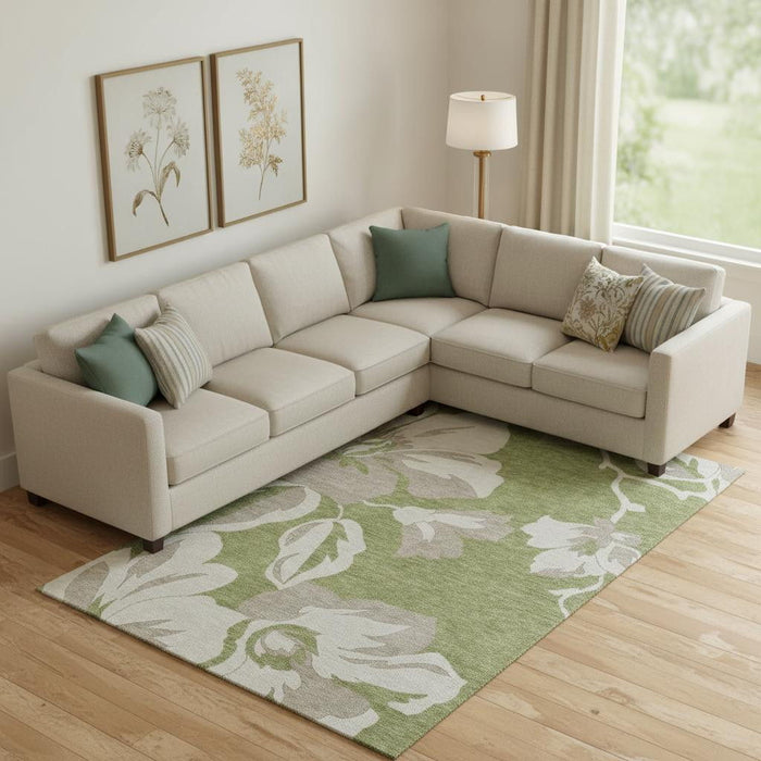 8' X 10' Floral Washable Area Rug With UV Protection (668003) - Olive Green / Gray