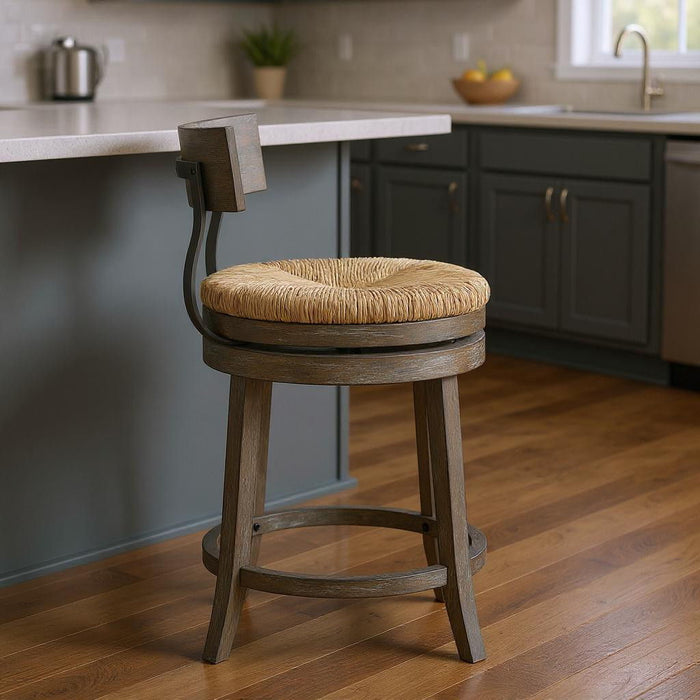 Rattan And Solid Wood Low Back Counter Height Swivel Bar Chair - Brown / Gray