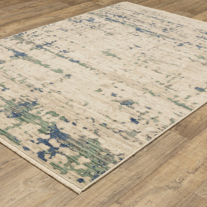 7' X 10' Abstract Area Rug With Fringe - Beige And Green