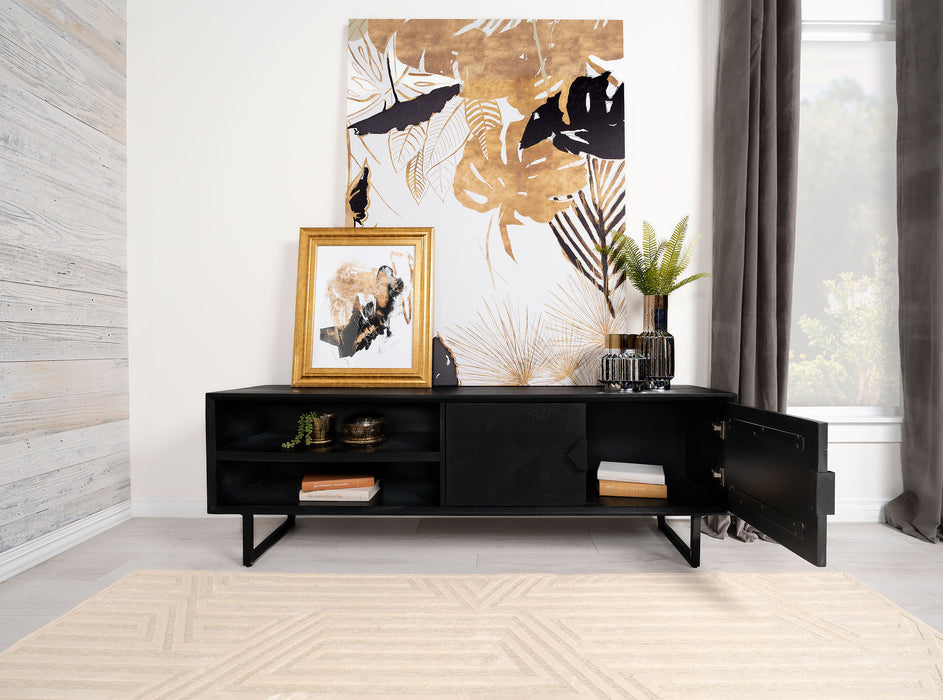 CoasterEveryday Marsden 2-door Mango Wood TV stand in charcoal black, 70-inch furniture piece with modern design.