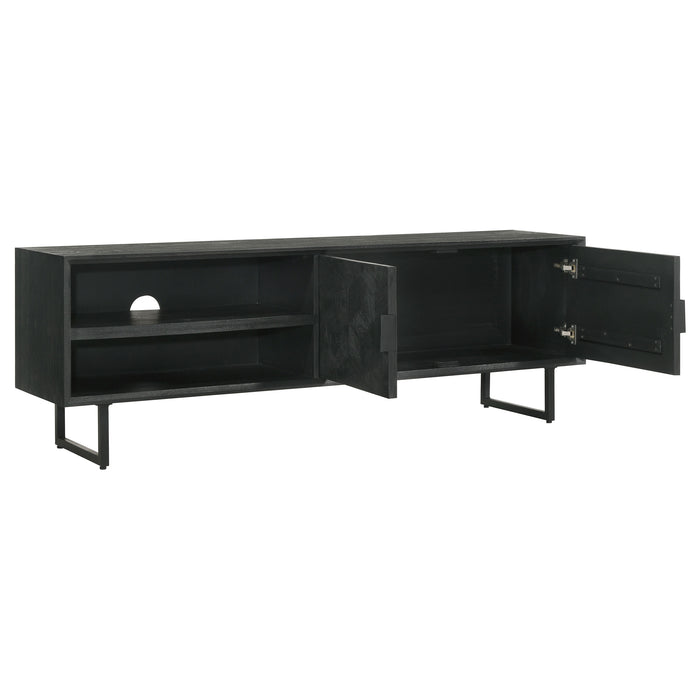 Marsden 2-door mango wood TV stand in charcoal black with sleek design, spacious storage, and modern furniture style.