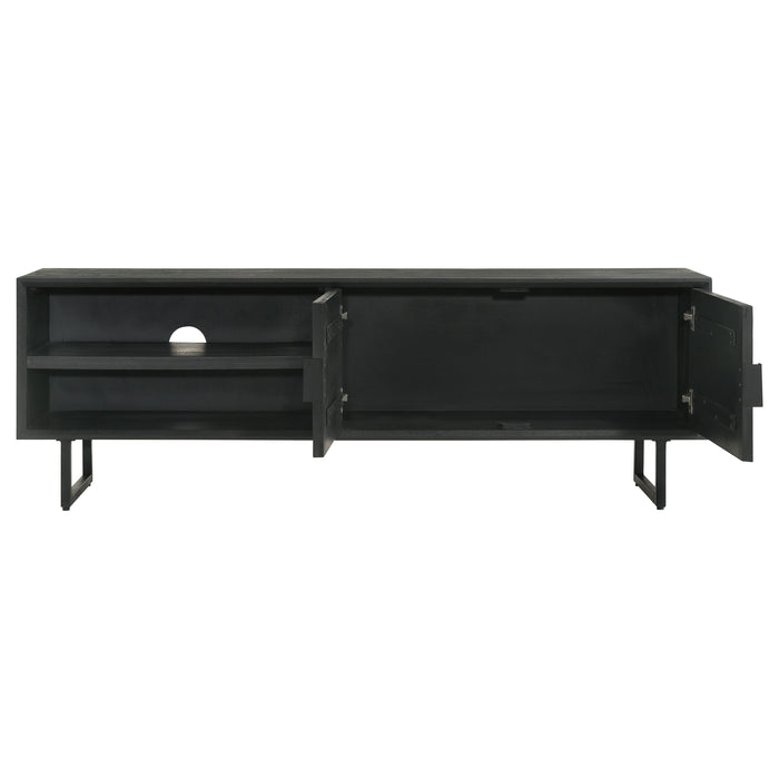 Marsden 2-door mango wood TV stand in charcoal black with a modern furniture design, featuring sleek storage compartments.