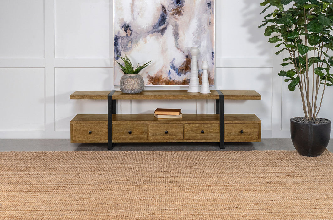 Otto 5-drawer mango wood TV stand media console in brown, 70-inch size with modern furniture design.