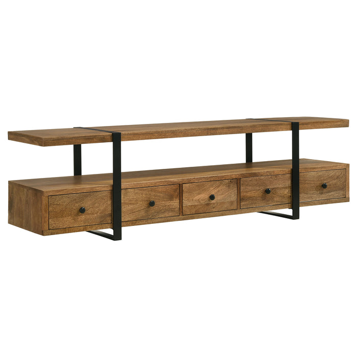 Otto 5-drawer mango wood TV stand by CoasterEveryday, 70-inch media console in brown with sleek storage drawers and modern design.