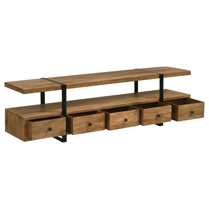 CoasterEveryday Otto 5-drawer mango wood 70-inch TV stand media console in brown, showcasing its sleek design and ample storage.