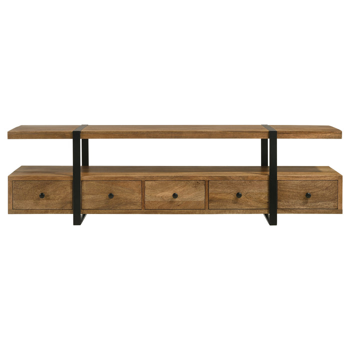 Otto 5-drawer mango wood TV stand by CoasterEveryday, 70-inch brown media console with multiple storage drawers and modern design.