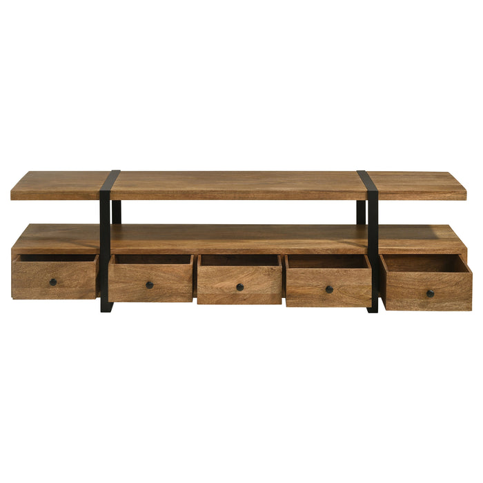 CoasterEveryday Otto 5-drawer mango wood TV stand with 70-inch media console in brown, featuring multiple storage drawers and a modern design.