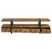 CoasterEveryday Otto 5-drawer mango wood TV stand with 70-inch media console in brown, featuring multiple storage drawers and a modern design.