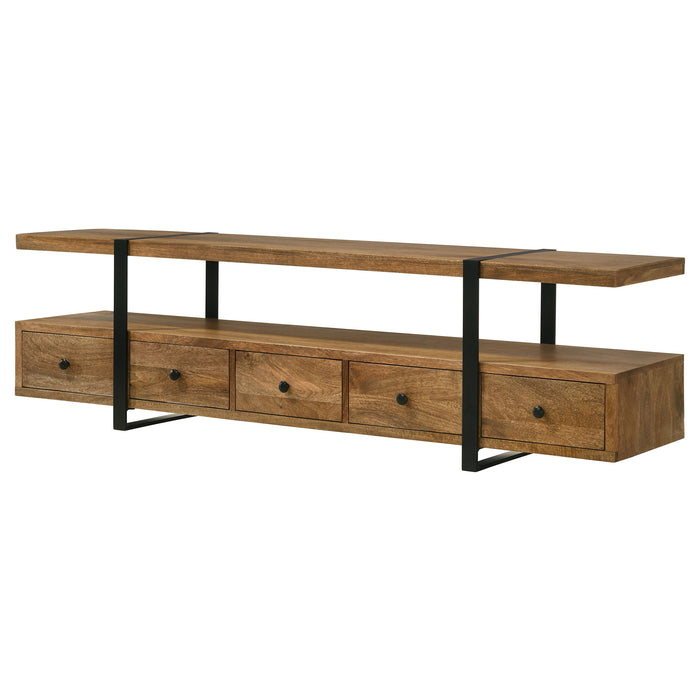 Otto 5-drawer mango wood TV stand by CoasterEveryday with brown finish, featuring five drawers and a 70-inch width for media storage.