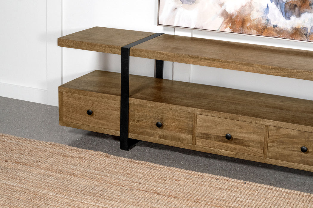 Otto 5-drawer mango wood TV stand media console in brown with a 70-inch length and modern furniture design.