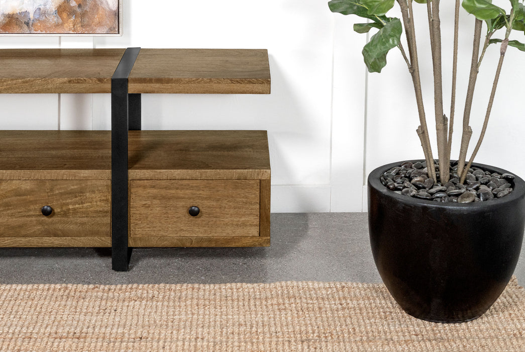 CoasterEveryday Otto 5-drawer mango wood TV stand with a 70-inch brown media console and modern furniture design.