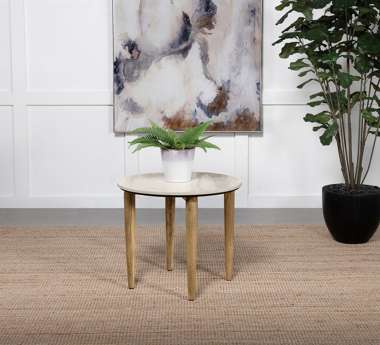 CoasterEveryday Aldis round side end table with white marble top and natural wood base