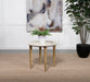 CoasterEveryday Aldis round side end table with white marble top and natural wood base
