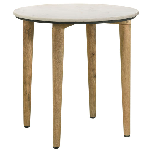 CoasterEveryday Aldis round marble top side table in white and natural wood finish